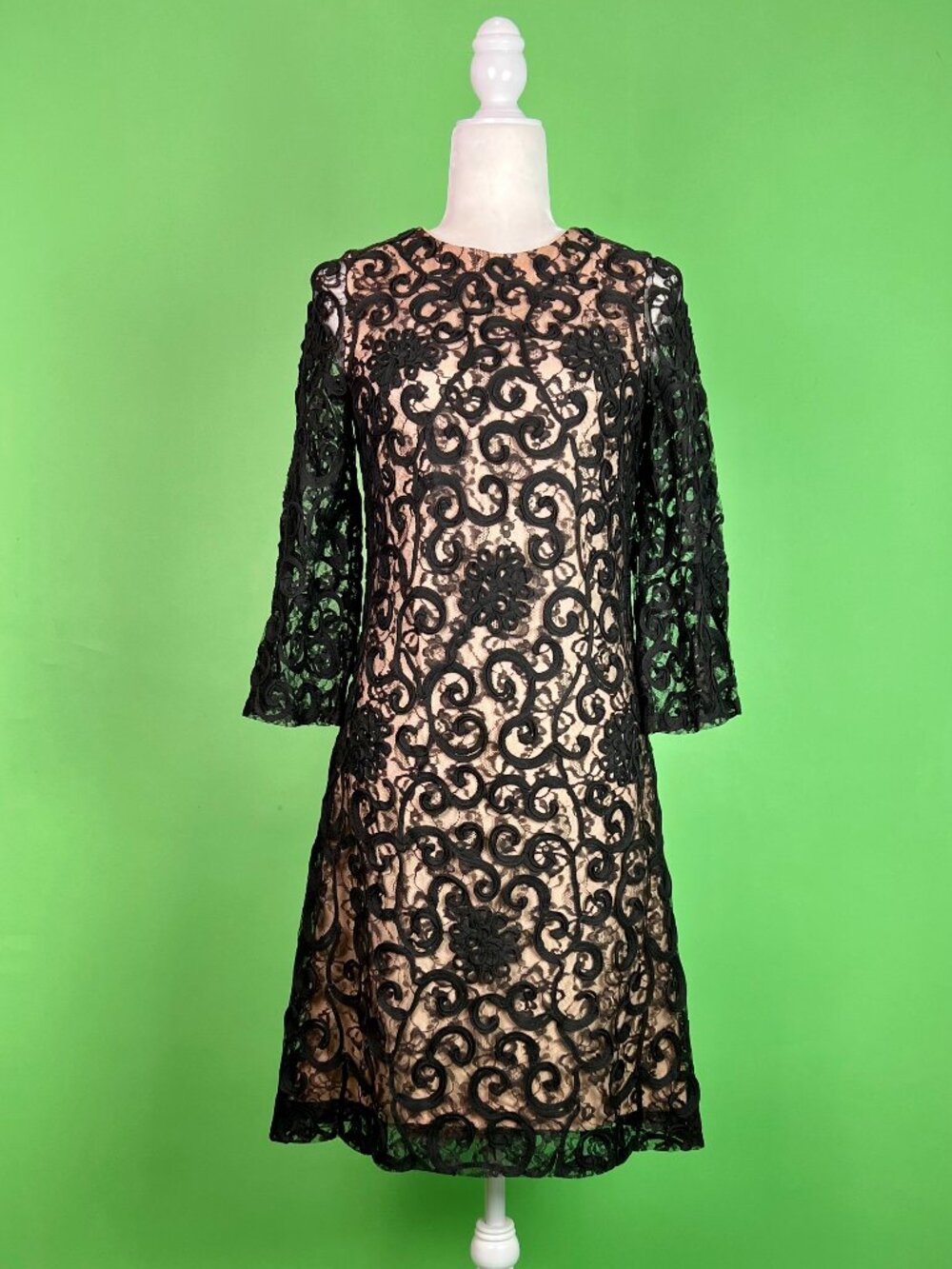 Vintage 60s Black Lace Cocktail Dress Soutache Trim Bell Sleeves Size XS/S